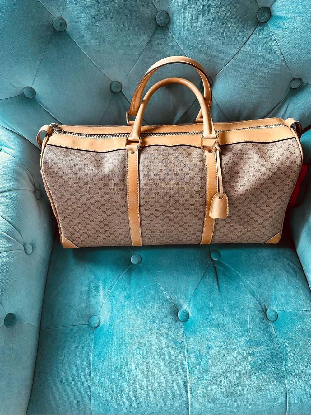 Gucci Beige Monogram Duffel with Tan Leather Trim
